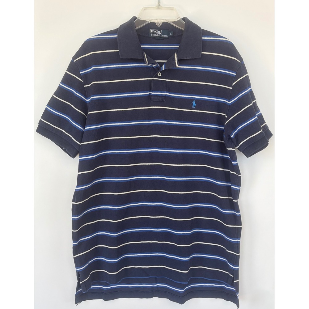 Polo Ralph Lauren Mens Large Navy Blue Striped Short Sleeve Pique Golf Shirt